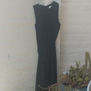 Navy crepe scalloped neck dress